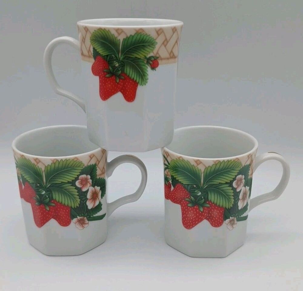 3 Vtg Andrea By Sadek Strawberry Basket Weave Octagonal Mugs Botanical Flowers